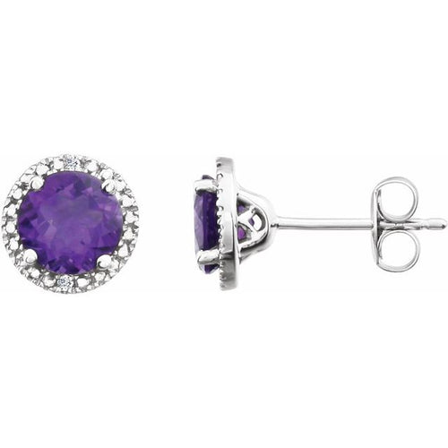 Natural Amethyst & Diamond Stud Earrings