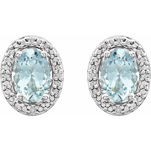Natural Aquamarine & Diamond Oval Halo Earrings