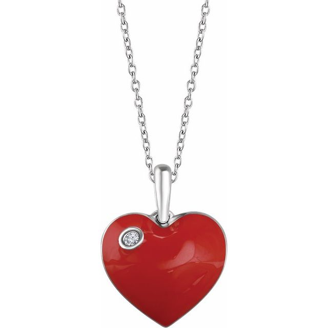 Natural Diamond Red Enamel Heart Necklace