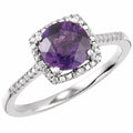 Natural amethyst and diamond halo ring in sterling silver