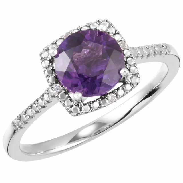 Natural amethyst and diamond halo ring in sterling silver