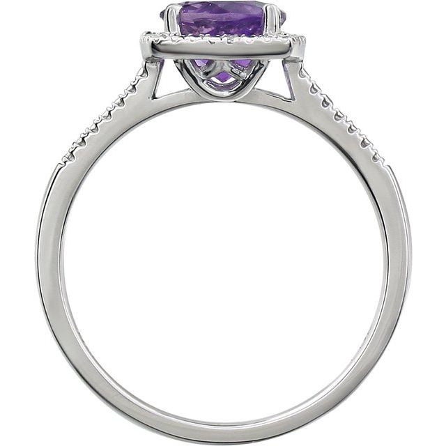 Side view of natural amethyst halo ring