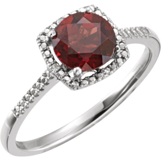 Natural Mozambique garnet and diamond halo ring in sterling silver