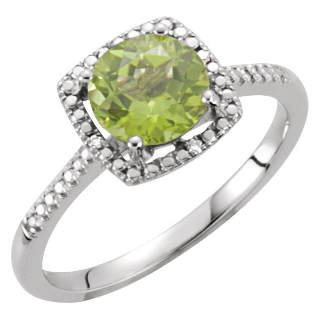 Natural peridot and diamond halo ring in sterling silver