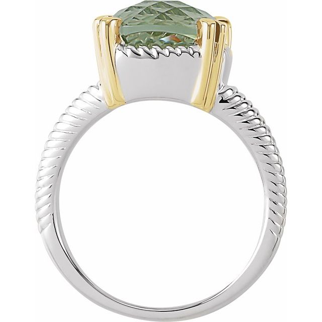 Side view of natural checkerboard quartz rope ring in sterling silver and 14K yellow gold